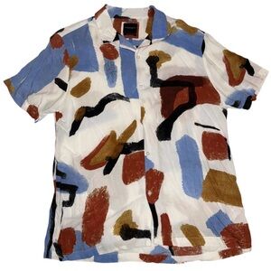 Denim Flower XL Abstract Print Button Up Shirt Short Sleeve